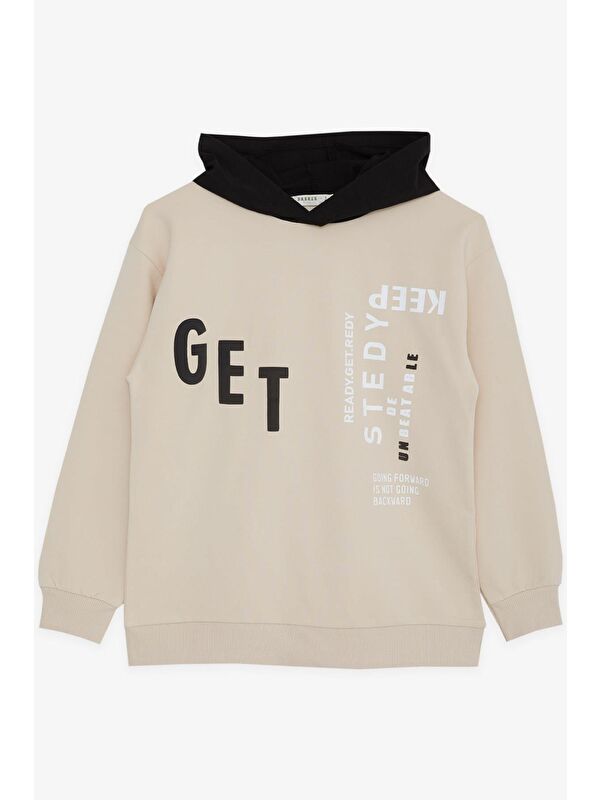 Breeze Erkek Çocuk Sweatshirt Kapüşonlu Yazı Baskılı Bej (8-14 Yaş)