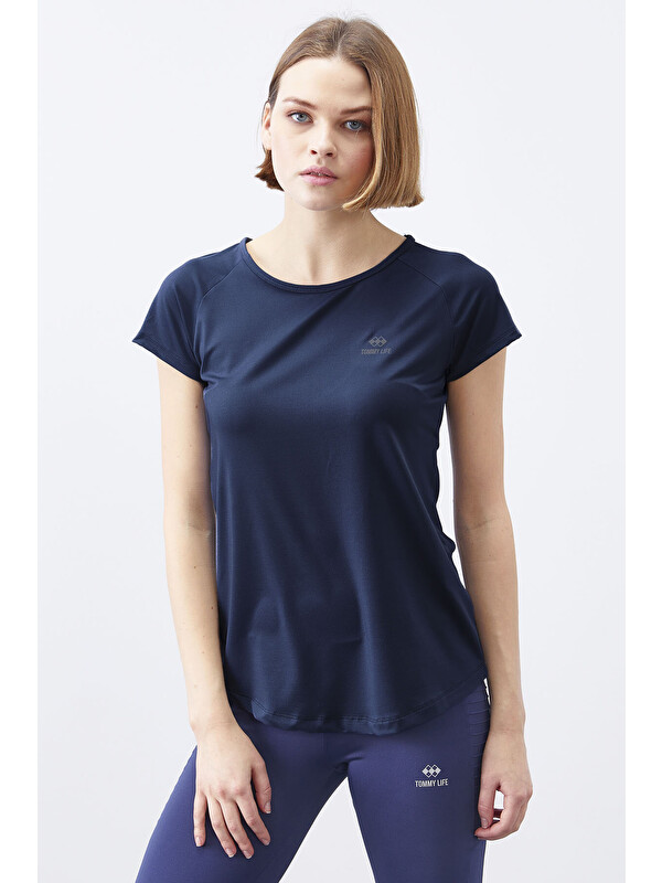 Tommylife İndigo Sırt Pencereli Kısa Kol Standart Kalıp O Yaka Kadın T-Shirt - 97101