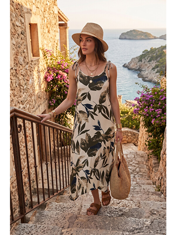 Lela Desenli Oversize Fit Bağlamalı İp Askılı Yuvarlak Yaka Midi Boy Kadın Elbise 5869022