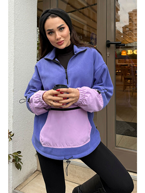 Tommylife Açık Eflatun Etek Ucu Büzgülü Yarım Fermuarlı Oversize Kadın Polar Sweatshirt - 97238