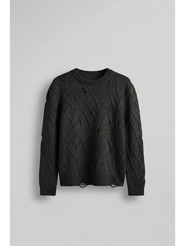 Abluka Online Erkek Oversize Desenli Triko Kazak Siyah