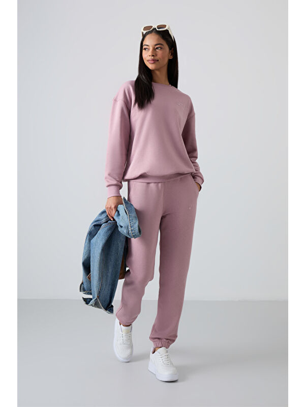 Tommylife Gül Kurusu Bisiklet Yaka Oversize Lastik Paça Kadın Eşofman Takımı - 95287