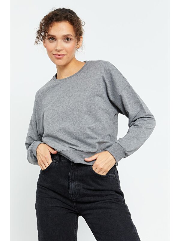 Tommylife Gri Melanj Basic Rahat Form O Yaka Kadın Sweatshirt - 97114