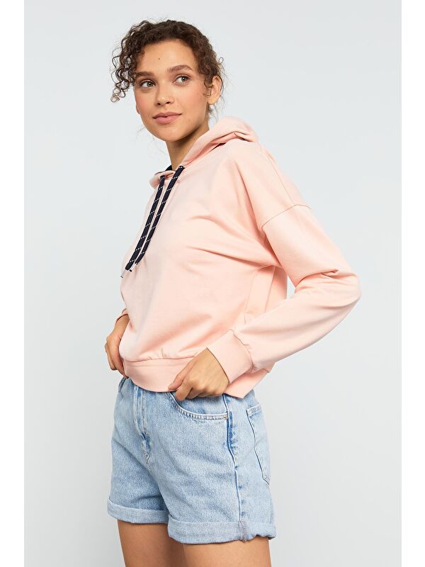 Tommylife Pembe Uzun Kol Rahat Form Kapüşonlu Kadın Sweatshirt - 97115