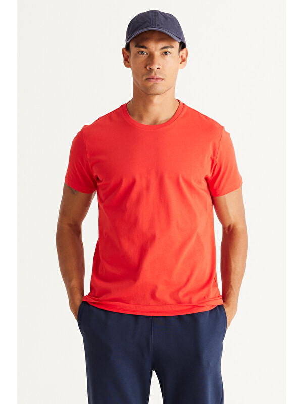 AC&Co / Altınyıldız Classics Erkek Kırmızı Slim Fit Dar Kesim %100 Pamuk Bisiklet Yaka Kısa Kollu Tişört