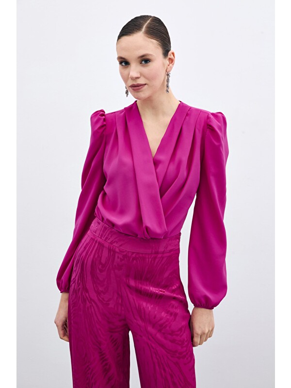 SATEEN Kruvaze Vatkalı Bodysuit - Fuşya