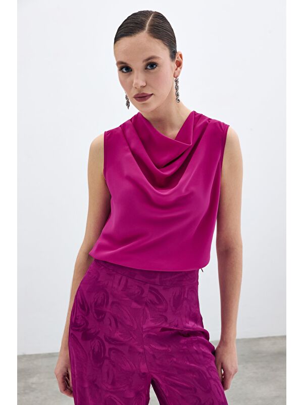 SATEEN Degaje Yaka Kolsuz Bluz - Fuşya
