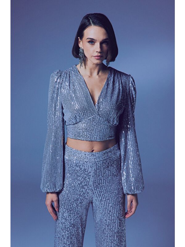 SATEEN Kruvaze Payetli Crop Bluz - Gümüş