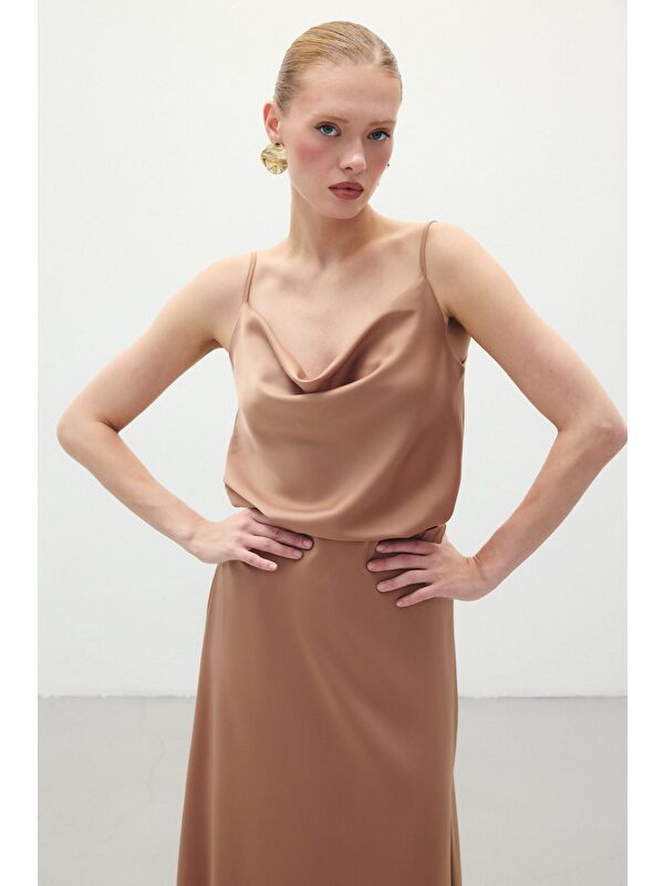 SATEEN Degaje Yaka Saten Bluz - Camel