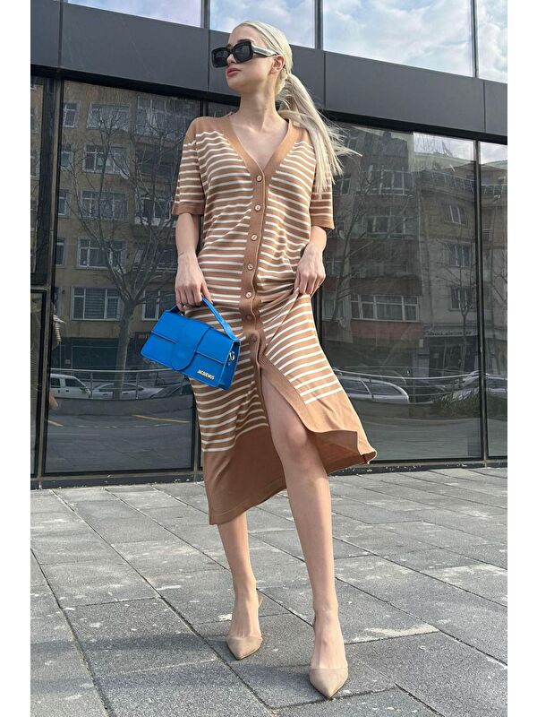 Madmext Camel Düğmeli Triko Kadın Elbise Mg1648
