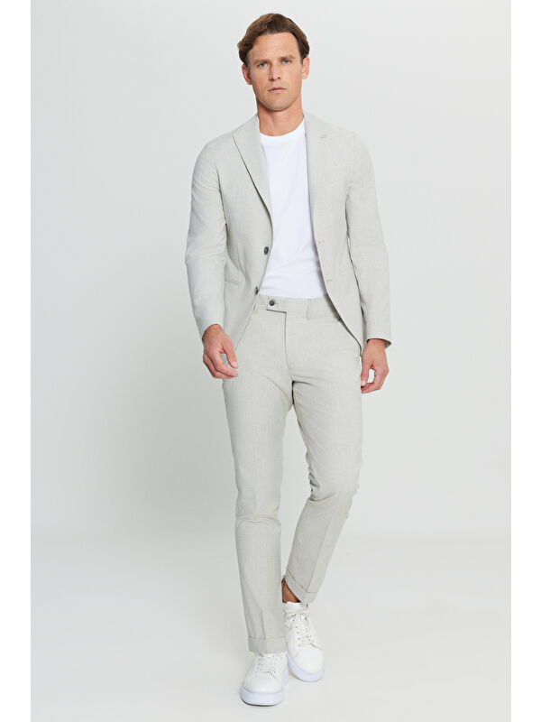 Altınyıldız Classics Erkek Gri-Beyaz Slim Fit Dar Kesim Kırlangıç Yaka Fleto Cepli Çizgili Esnek Takım Elbise