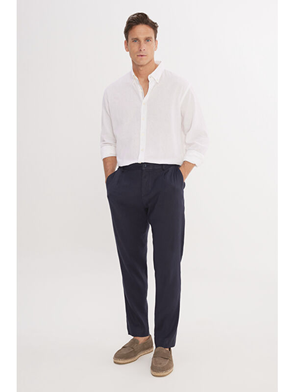 Altınyıldız Classics Erkek Lacivert Keten Slim Fit Dar Kesim Beli Lastikli Yan Cepli Esnek Pantolon