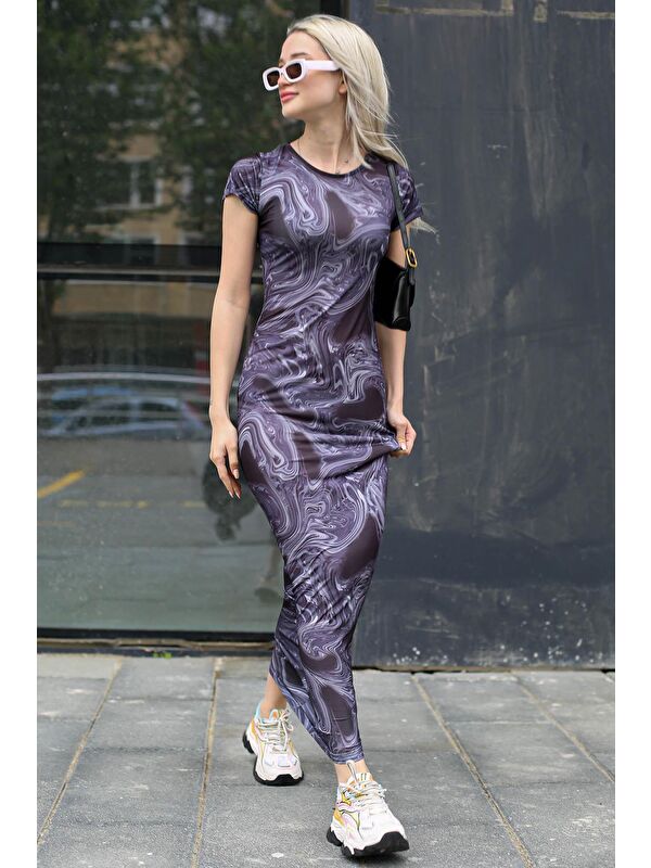 Madmext Lacivert Batik Desen Uzun Elbise Mg1723