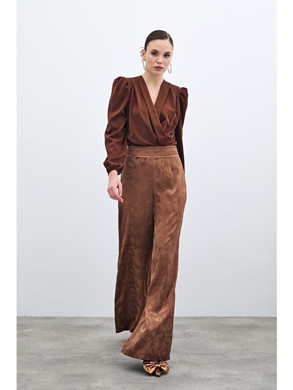 SATEEN Jakarlı Salaş Pantolon - Kahve