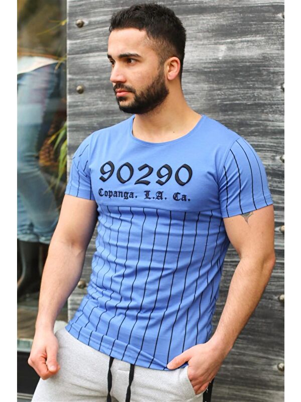 Madmext Bisiklet Yaka Çizgi Detaylı Mavi Tişört 2863