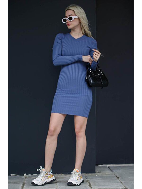 Madmext Mavi Bodycon Fitilli Mini Elbise Mg1710