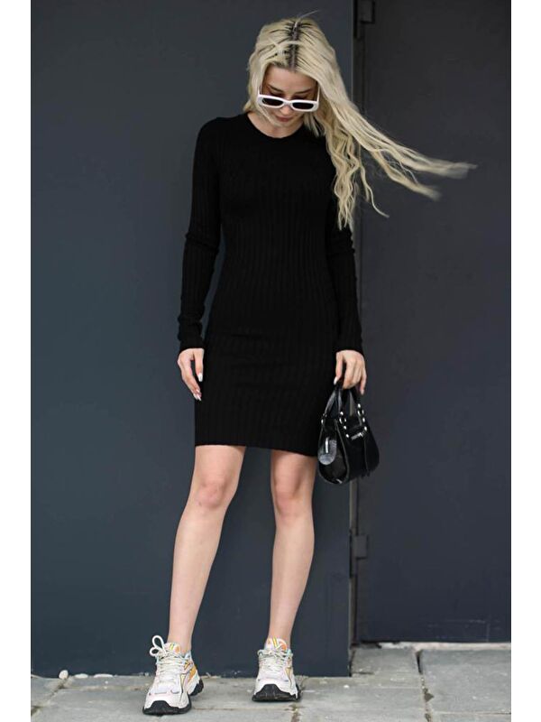 Madmext Siyah Bodycon Fitilli Mini Elbise Mg1710
