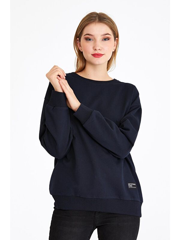 Mmetalic Kadın Lacivert Renk Basic Bisiklet Yaka Sweatshirt