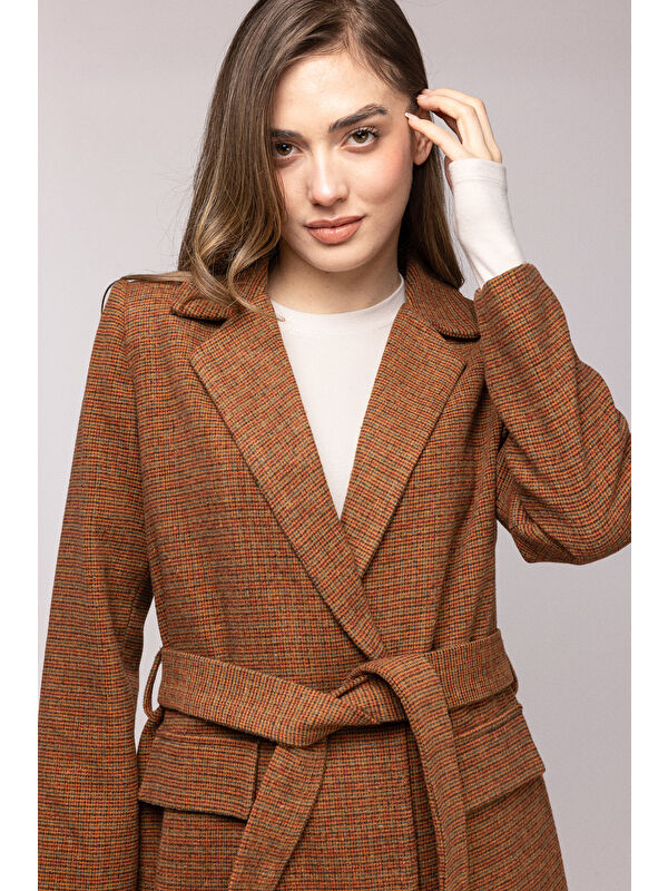 Saade Kahverengi Premium Kuşaklı Cep Detaylı Blazer Dokuma Ceket