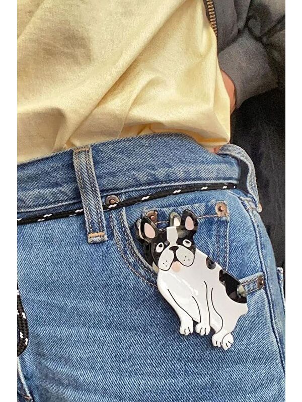 New Obsessions Beyaz French Bulldog Köpek Figürlü Asetat Mandal Toka