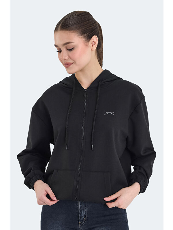 SLAZENGER KIMBERLEY IN Kadın Fermuarlı Kapüşonlu Cepli Siyah Sweatshırt
