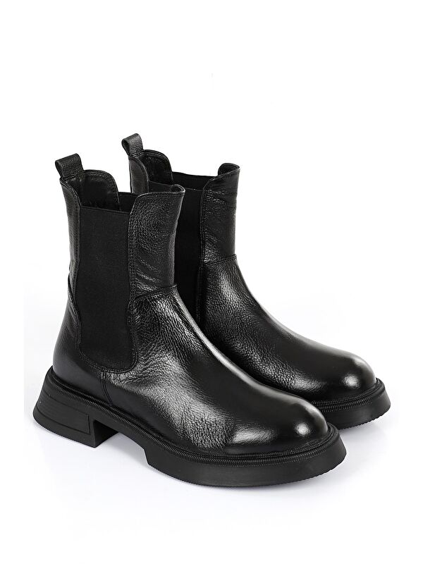 Hakiki Deri Yuvarlak Burun Termo Taban Topuklu Kadın Günlük Chelsea Bot 51457 - Görsel 3