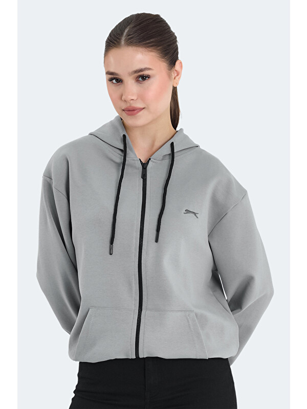 SLAZENGER KIMBERLEY IN Kadın Fermuarlı Kapüşonlu Cepli Gri Sweatshırt