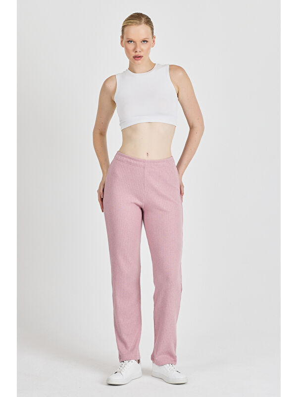 Mmetalic Kadın Gül Kurusu Yüksek Bel Fitilli Bol Paça Günlük İnce Eşofman Altı Pijama