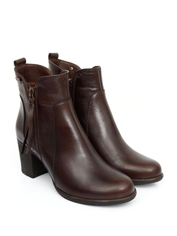 Hakiki Deri Yuvarlak Burun Topuklu Kauçuk Taban Fermuarlı Püsküllü Kadın Günlük Bot 10406 - Görsel 3