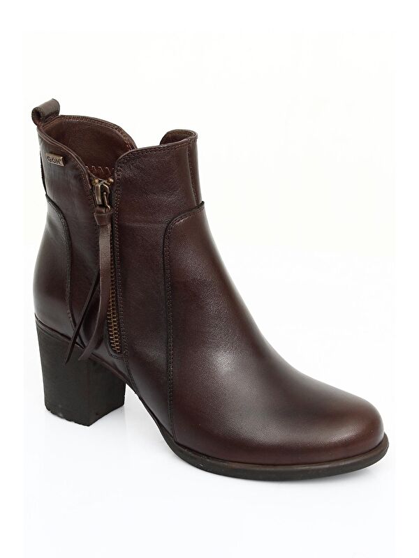 Hakiki Deri Yuvarlak Burun Topuklu Kauçuk Taban Fermuarlı Püsküllü Kadın Günlük Bot 10406 - Görsel 6