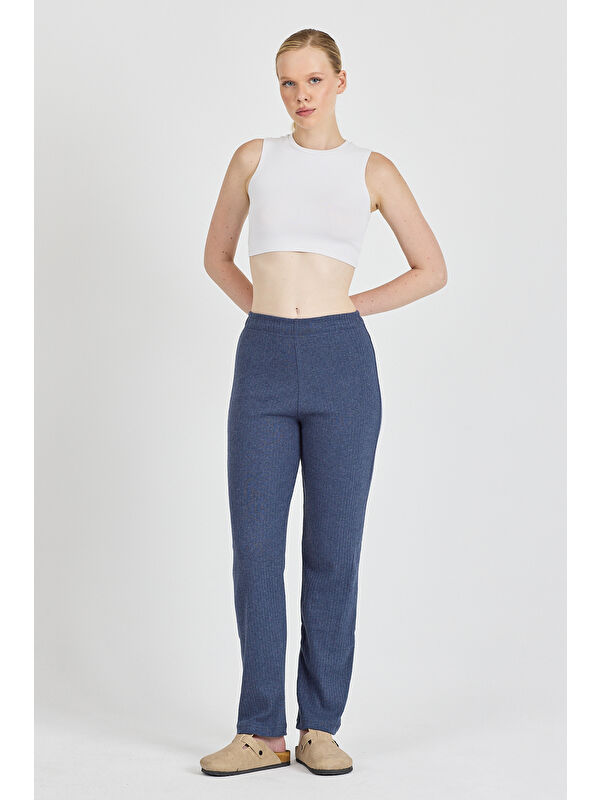 Mmetalic Kadın İndigo Yüksek Bel Fitilli Bol Paça Günlük İnce Eşofman Altı Pijama