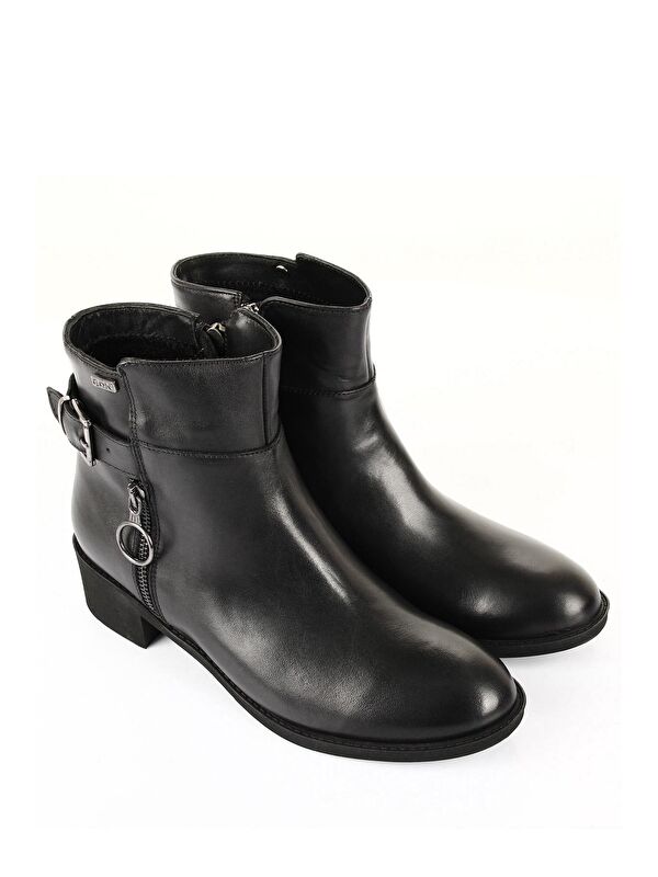 Hakiki Deri Yuvarlak Burun Kauçuk Taban Topuklu Fermuarlı Tokalı Kadın Günlük Bot 50414 - Görsel 3