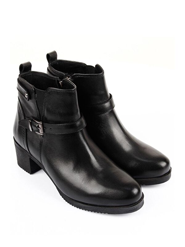 Hakiki Deri Yuvarlak Burun Topuklu Fermuarlı Tokalı Kadın Günlük Bot 48491 - Görsel 3