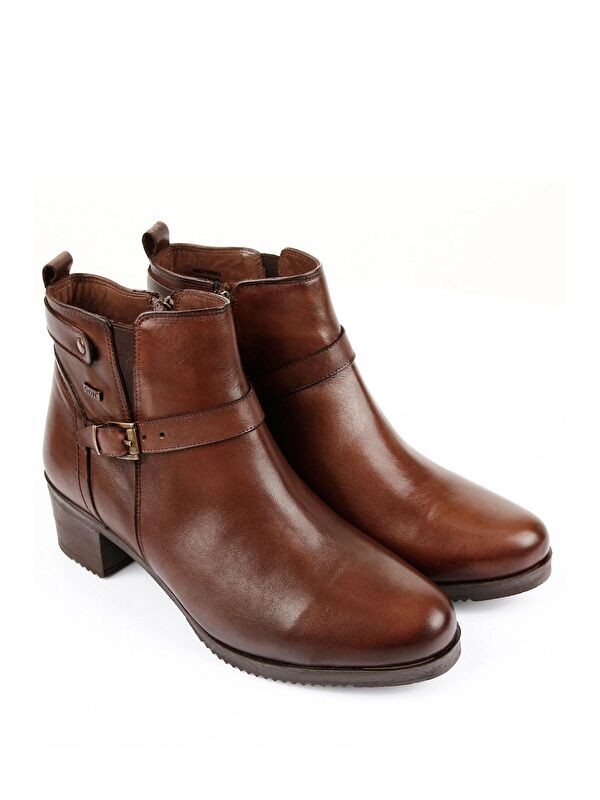 Hakiki Deri Yuvarlak Burun Topuklu Fermuarlı Tokalı Kadın Günlük Bot 48491 - Görsel 3