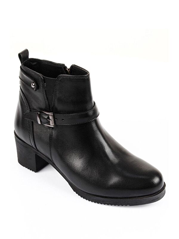 Hakiki Deri Yuvarlak Burun Topuklu Fermuarlı Tokalı Kadın Günlük Bot 48491 - Görsel 5