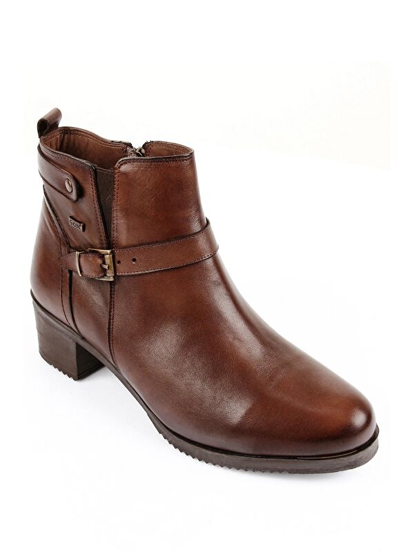 Hakiki Deri Yuvarlak Burun Topuklu Fermuarlı Tokalı Kadın Günlük Bot 48491 - Görsel 6