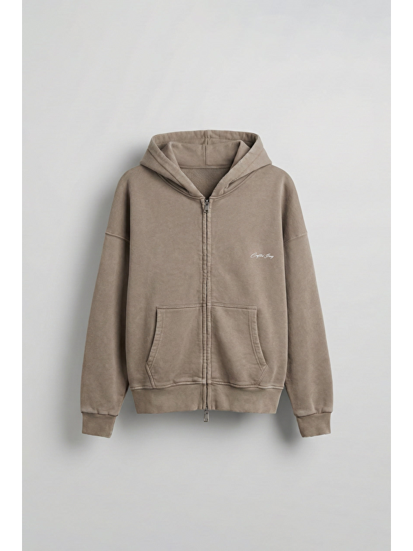 Abluka Online Erkek Relax Fit Yıkamalı Kapüşonlu Sweatshirt Koyu Bej