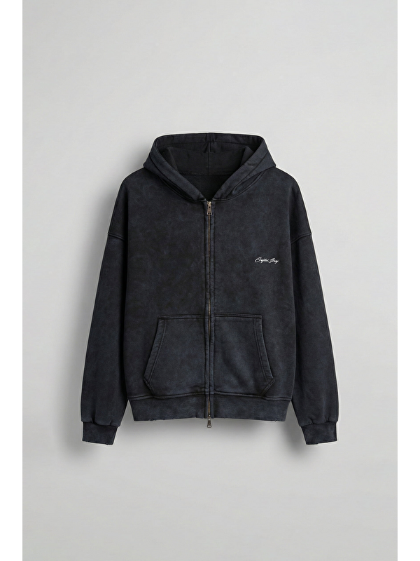 Abluka Online Erkek Relax Fit Yıkamalı Kapüşonlu Sweatshirt Siyah