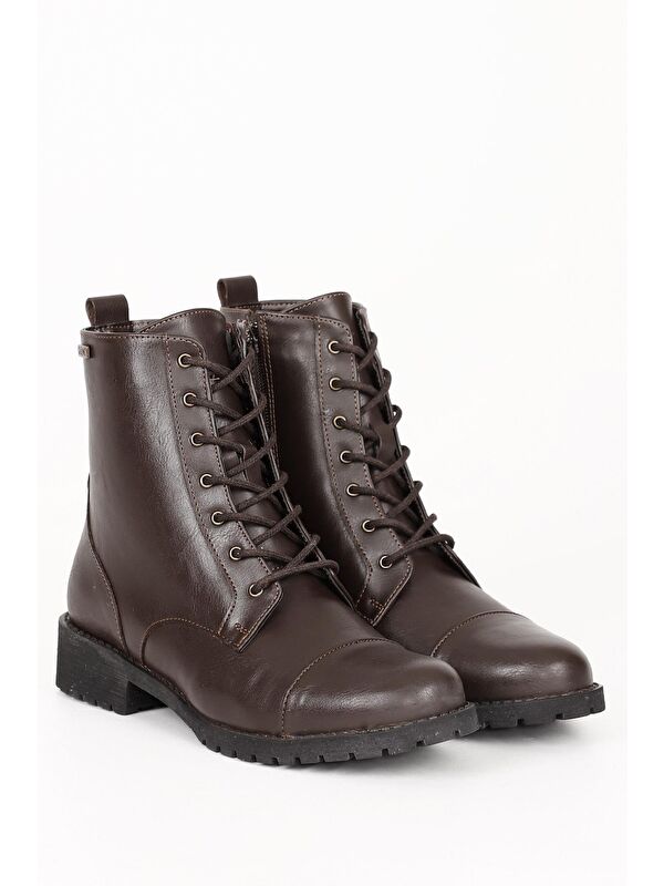 Yuvarlak Burun Kauçuk Taban Topuklu Fermuarlı Bağcıklı Kadın Günlük Postal Bot 20498 - Görsel 3