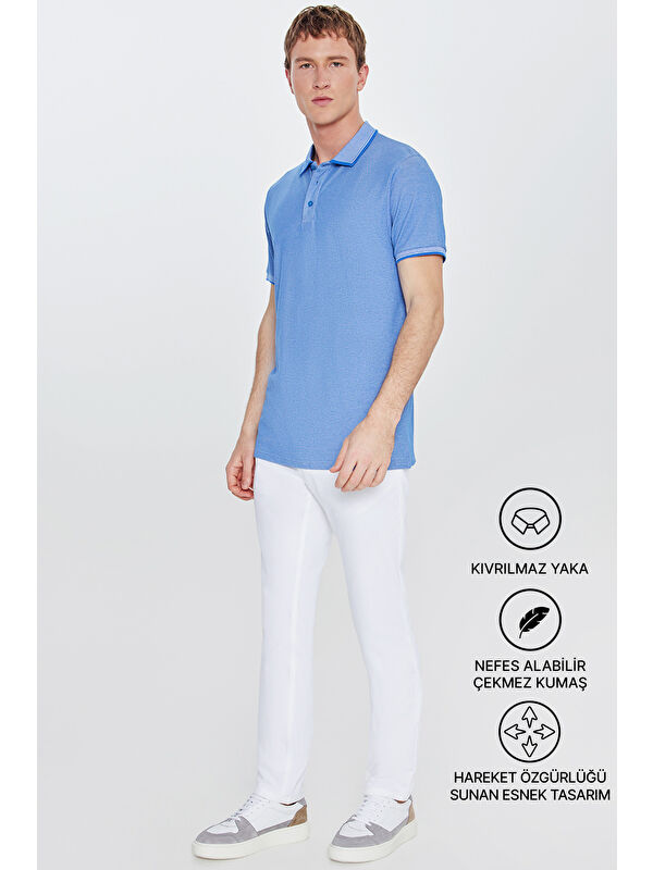 AC&Co / Altınyıldız Classics Erkek Saks-Beyaz Slim Fit Dar Kesim Kıvrılmaz Polo Yaka Kısa Kollu Tişört