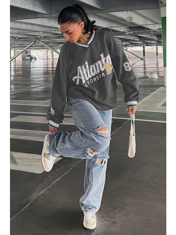 Madmext Füme Baskılı V Yaka Sweatshirt Mg1576