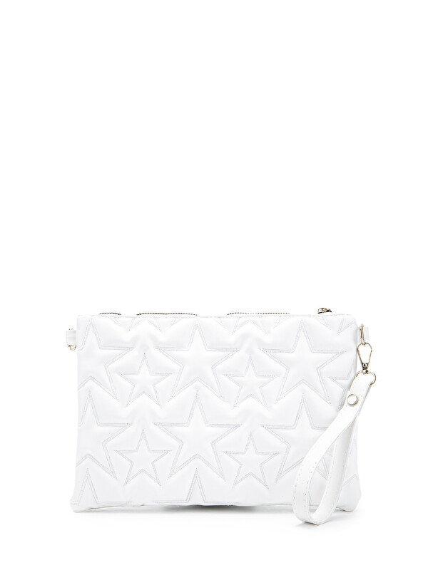 Minebag Yıldız Dikişli Clutch Suni Deri Star Kadın Çanta Beyaz