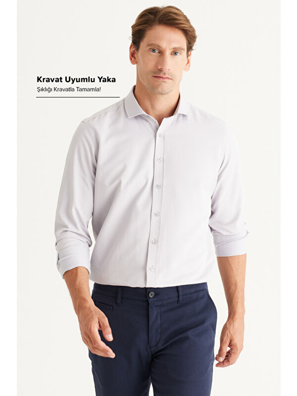 AC&Co / Altınyıldız Classics Erkek Gri Kolay Ütülenebilir Slim Fit Dar Kesim İtalyan Yaka Armürlü Basic Gömlek