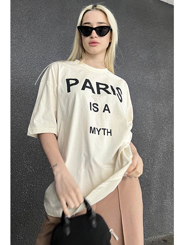 Madmext Ekru Paris Baskılı Kadın Tişört Mg1654