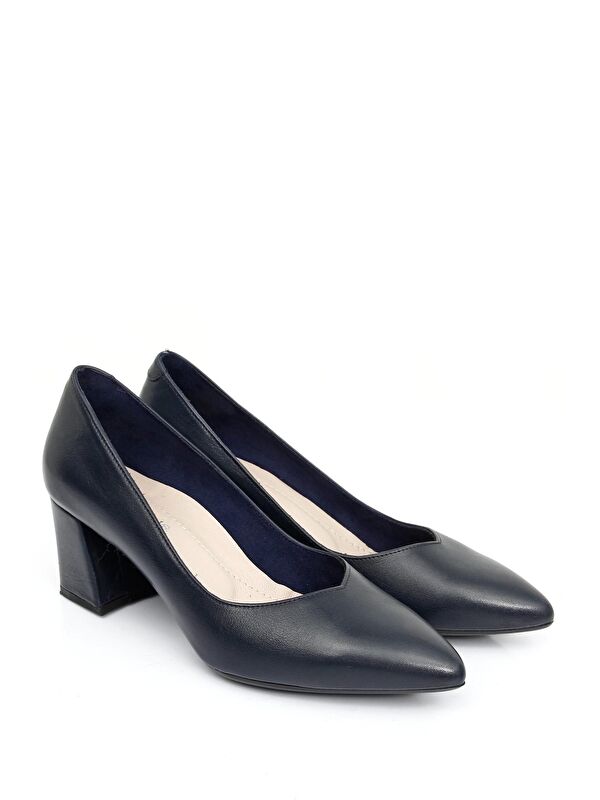 LACİVERT Hakiki Deri Sivri Burun Orta Kalın Topuklu Kadın Ayakkabı 24170 - Görsel 3