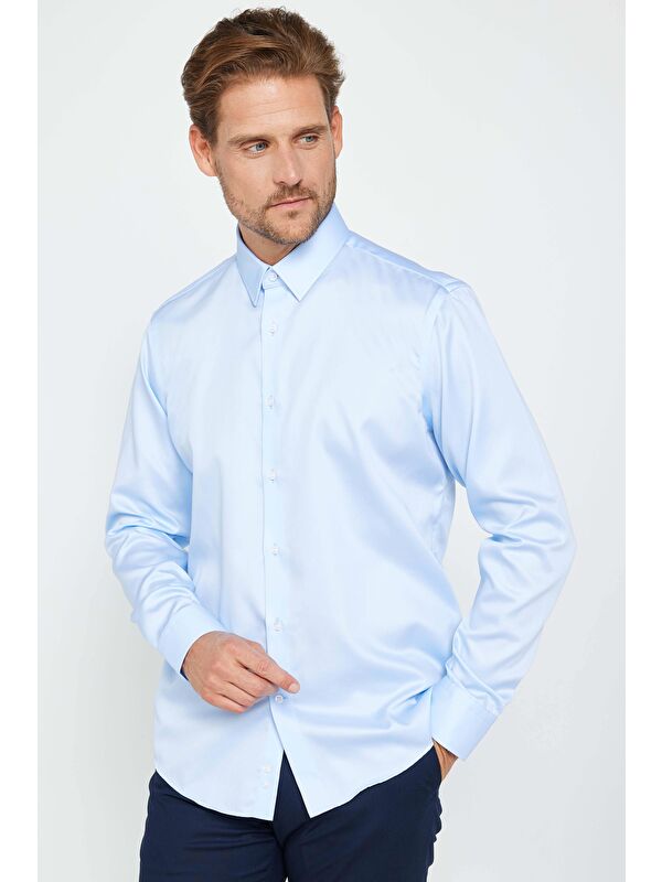 TUDORS Slim Fit Mavi Non-Iron %100 Pamuk Ekoteks Belgeli Ütü Gerektirmez Gömlek