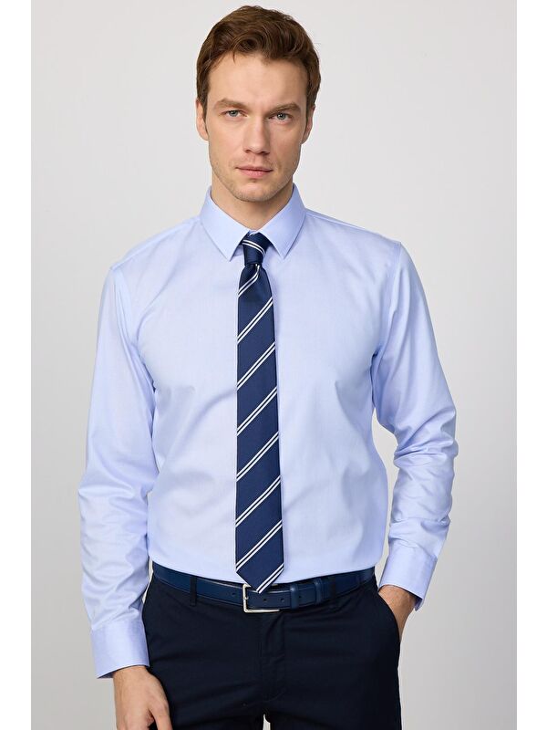 TUDORS Slim Fit Mavi Non-Iron %100 Pamuk Ekoteks Belgeli Ütü Gerektirmez Gömlek