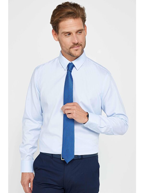 TUDORS Slim Fit Açık Mavi Non-Iron %100 Pamuk Ekoteks Belgeli Ütü Gerektirmez Gömlek