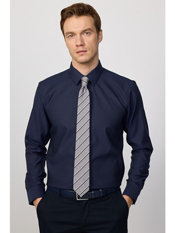 TUDORS Slim Fit Lacivert Non-Iron %100 Pamuk Ekoteks Belgeli Ütü Gerektirmez Gömlek