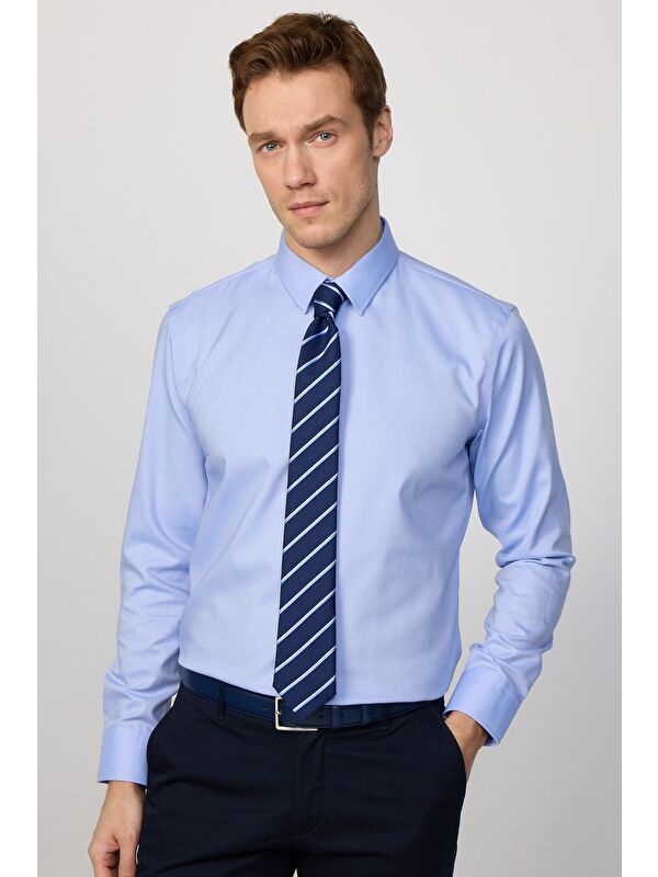 TUDORS Slim Fit Mavi Non-Iron %100 Pamuk Ekoteks Belgeli Ütü Gerektirmez Gömlek